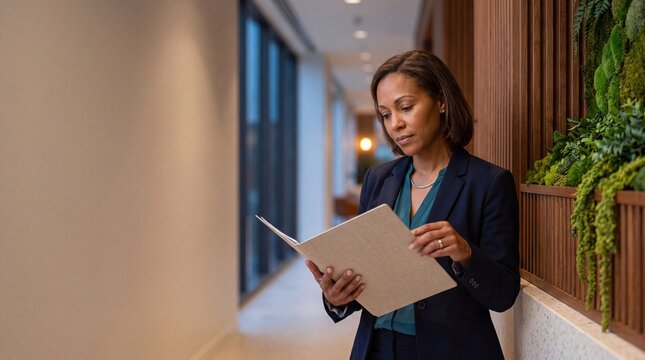Focused African American businesswoman reading documents in modern corporate office corridor