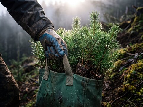 Close-up of a forester holding a bag of young pine tree seedlings for reforestation in a misty forest