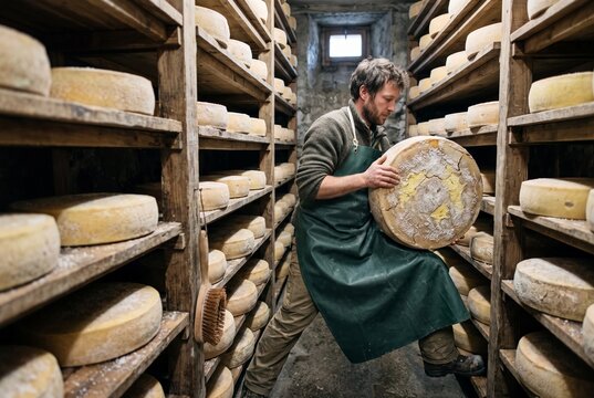 Artisan cheesemaker holding a heavy wheel of maturing cheese in a traditional aging cellar with wooden shelves
