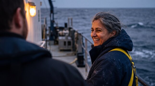 Smiling mature female marine researcher talking with a colleague on the deck of an offshore research vessel at sea during an expedition