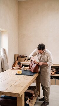 Skilled artisan leather craftsman working on a handmade brown leather tote bag in a bright, minimalist studio workshop