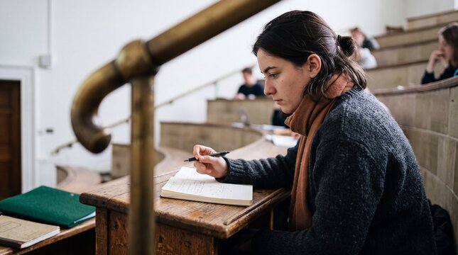 Young focused female university student taking notes in a notebook during a lecture in an amphitheater classroom