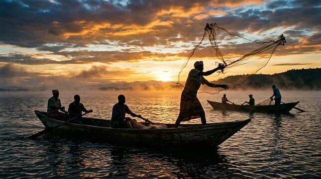 Traditional fishermen casting nets from wooden boats during a misty golden sunrise on a calm lake