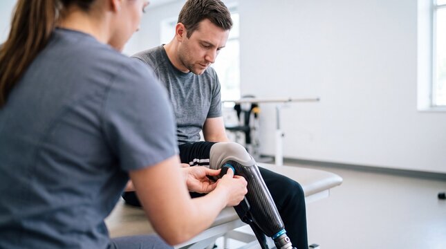 A male amputee patient sits on an examination table while a female physical therapist adjusts his carbon fiber prosthetic leg in a modern rehabilitation clinic
