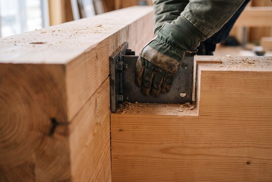 Carpenter installing a heavy duty steel bracket connector into a notched wooden beam during timber framing construction