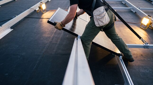 Professional technician installing photovoltaic solar panel on rooftop aluminum mounting rails