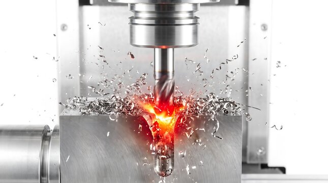 Industrial CNC milling machine cutting metal block, precision metalworking process with glowing heat and sparks, high-speed steel machining with flying metal shavings