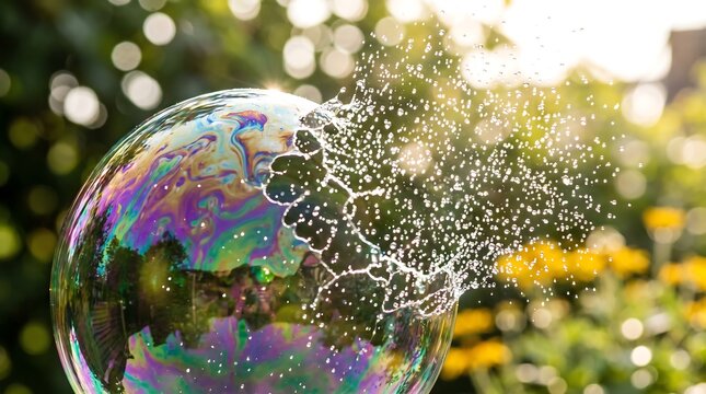 Iridescent soap bubble bursting in garden sunlight, macro shot of exploding water droplets, fragile sphere popping against green bokeh background