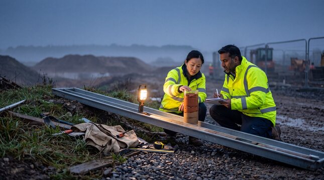 Two civil engineers in high-visibility jackets examine a cylindrical soil core sample on a muddy construction site at dawn