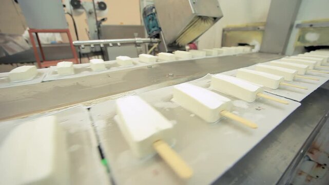 Conveyor belt moving popsicles factory. Close up handheld food production line.