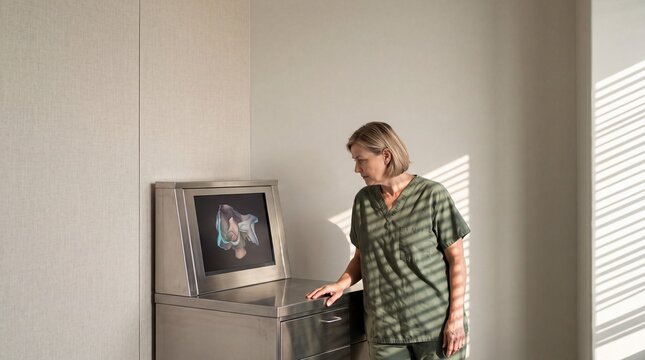Female doctor in green scrubs examining a three-dimensional anatomical scan on a medical monitor in a modern hospital room