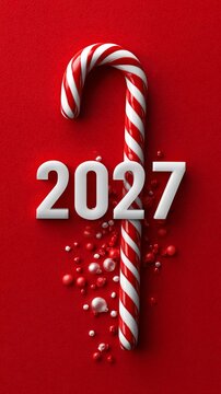 Red background with white candy cane. Candy cane holds 2027 in white. Perfect for new year, holiday, celebration themes. Ideal for greeting cards, posters, web banners, or digital marketing materials