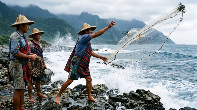 Fishermen casting nets from a rocky shoreline into crashing ocean waves with misty mountains behind