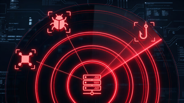 Cybersecurity radar screen scanning for digital threats, red glowing cyber security interface detecting malware and phishing attacks on server network