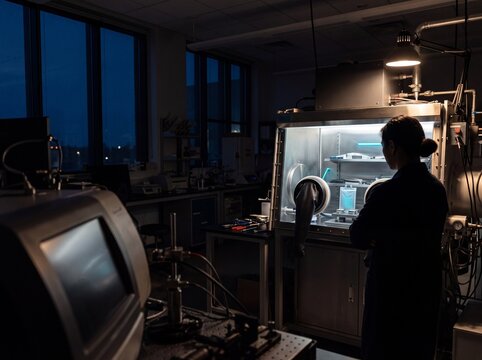 Female scientist working late at night in a laboratory monitoring samples inside a vacuum glovebox chamber