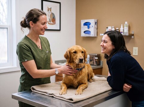 Professional female veterinarian examining a friendly golden retriever dog on an examination table alongside its smiling owner in a clinic