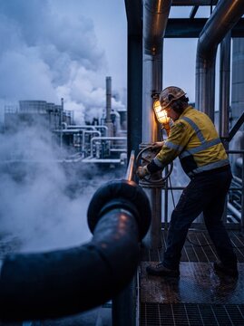 Industrial worker in protective equipment turning a pipeline valve at a chemical processing plant with steam at dusk