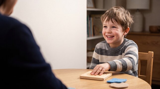 Happy Little Boy Smiling while Playing an Educational Game with an Adult at the Table at Home