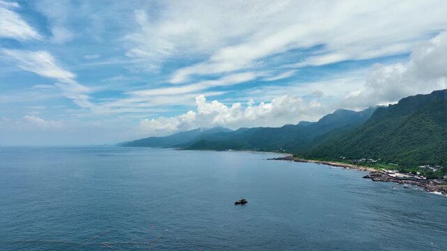 Aerial of a permanent fish nets off the coast of Taiwan.