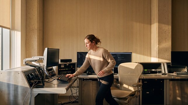 Focused female technician operating a computer workstation in a technical control room illuminated by sunlight