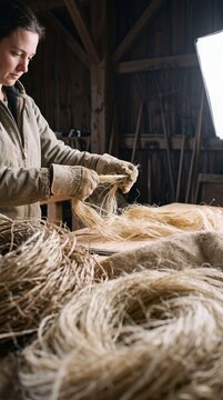 Female craftswoman separating raw natural flax fibers on a wooden workbench in a rustic workshop