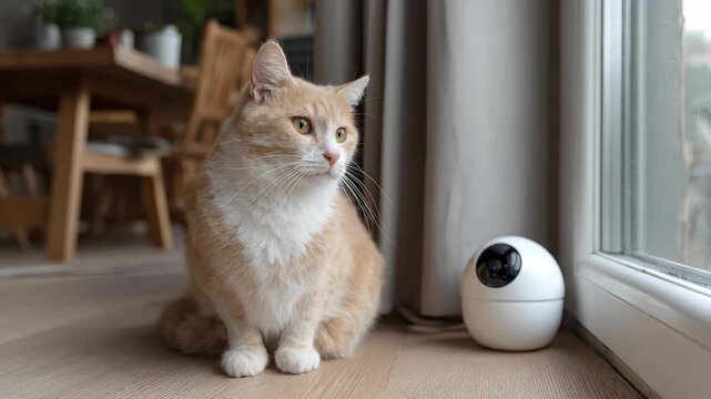Ginger cat sitting next to a smart home security camera in a modern living room interior.