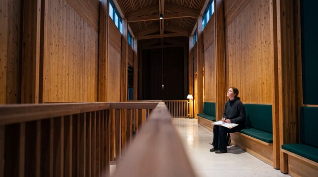 A contemplative young woman sits on a bench with a notebook inside a modern building with high wooden walls and ceiling