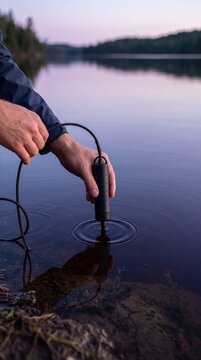 A traveler dips a water filtration sensor probe into a calm lake at twilight during an outdoor camping expedition