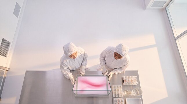 Two scientists in protective cleanroom suits examine a sample in a sterile laboratory from a high angle view