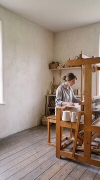 A female artisan weaves natural fabric on a traditional wooden floor loom in a rustic, sunlit studio