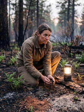 Female ecologist examining burned soil and new plant regrowth after a wildfire in a pine forest