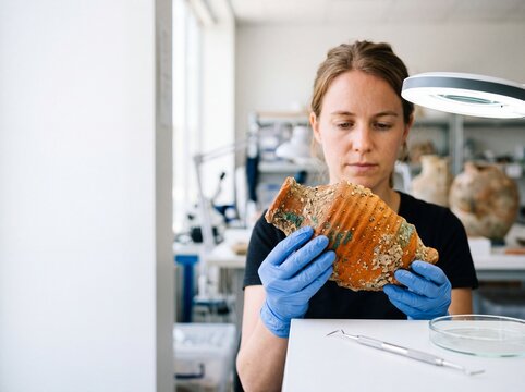 Female archaeologist wearing gloves carefully examines an ancient ceramic artifact under a magnifying lamp in a restoration laboratory