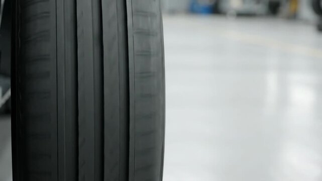 Detailed tire tread close up in automotive service. Rotating car wheel showing rubber grooves and pattern in a garage workshop. Vehicle maintenance concept