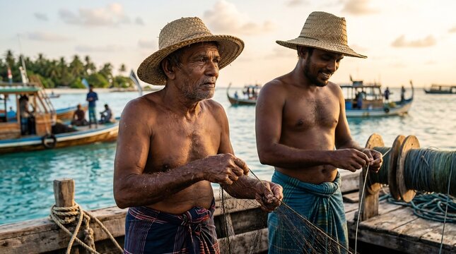 Two men in woven straw hats mending fishing nets on a wooden pier by the turquoise sea