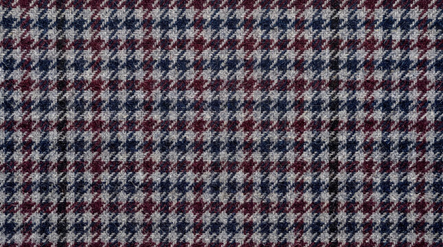 Classic houndstooth fabric texture, vintage wool tweed pattern in burgundy and navy blue, elegant textile background for fashion design