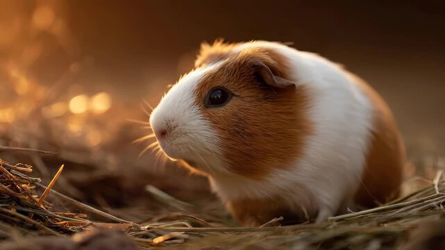 Cute guinea pig sitting in dry hay with warm golden hour sunlight backlighting the fur.
