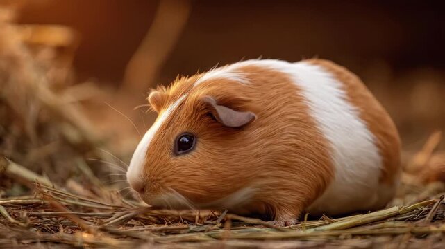 Cute brown and white guinea pig sitting in dry hay, close up portrait of small pet rodent.