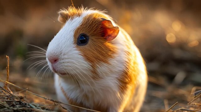 Cute guinea pig sitting in dry hay in warm golden hour sunlight.