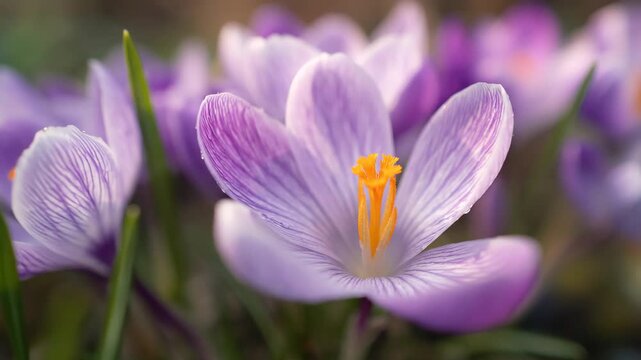Close-up of blooming purple crocus flowers in early spring garden with soft focus background.