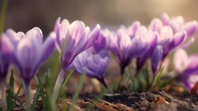 Close-up of blooming purple crocus flowers emerging in early spring sunlight.