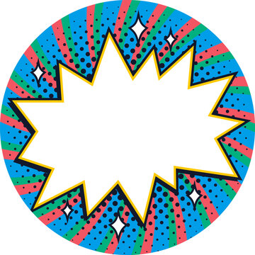 Round shape comic sticker with cloud frame and green starburst on red and pink radial rays. Comic sticker in circle format with bold outline. Suitable for labels, sale tags