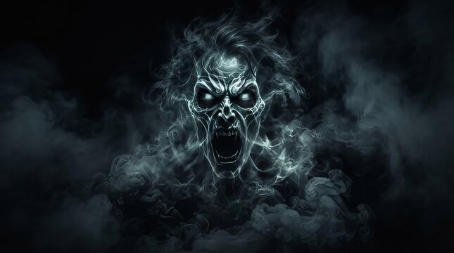 Frightening ghost spectral face coming out of dark gray swirling smoke and intense ghostly aura.