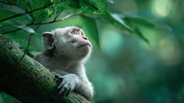 Wild macaque monkey sitting on a tree branch in a lush tropical rainforest jungle environment.