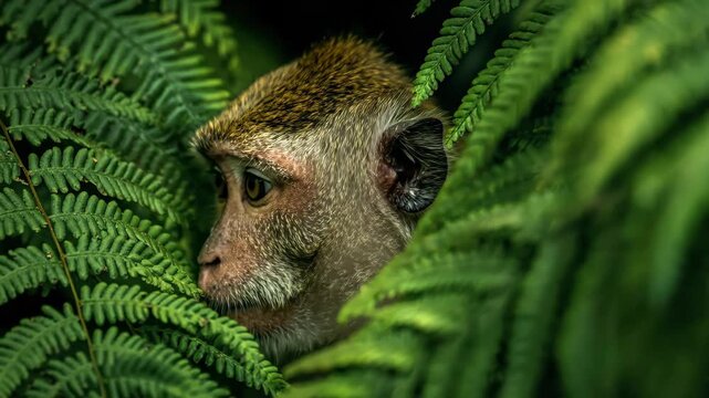 Close up of a wild macaque monkey peeking through lush green tropical jungle fern leaves.