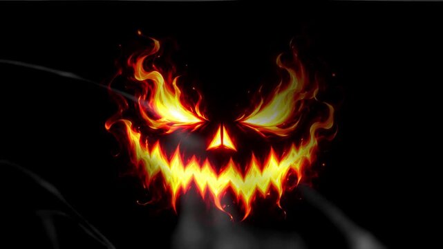 Scary jack o lantern face with fiery eyes and mouth a spooky Halloween symbol for horror concepts and dark themes isolated on black background