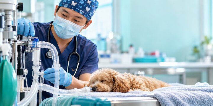 Veterinarian monitoring a sedated dog connected to anesthesia equipment in a veterinary clinic. Animal surgery and medical care. Pet health, veterinary treatment and clinical support.