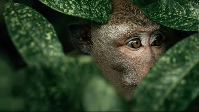 Close up of a wild macaque monkey hiding in lush green jungle foliage.