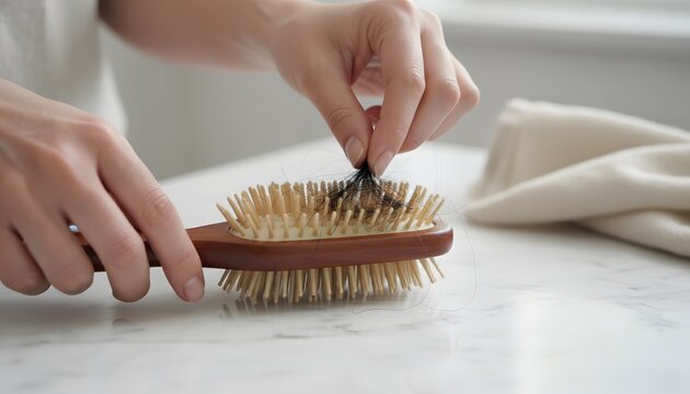 Close-up shot of a woman picking fallen damaged hair strands from wooden massage brush on marble countertop for alopecia and hair loss healthcare problem concept