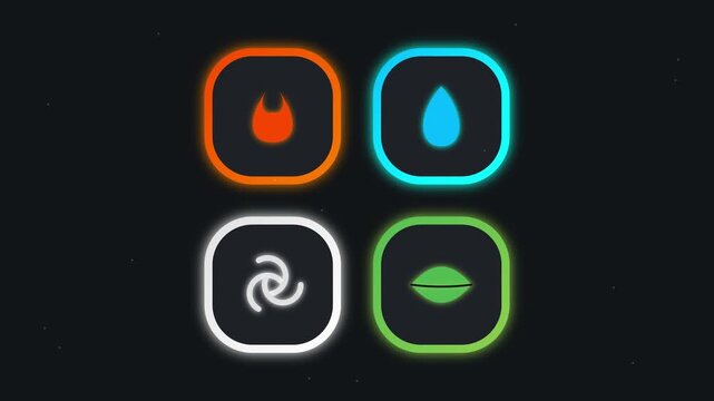 Four Elements Nature Icons Animation Motion Graphics Showing Fire Water Air And Earth Symbols For Environmental Awareness And Fantasy Gaming Design