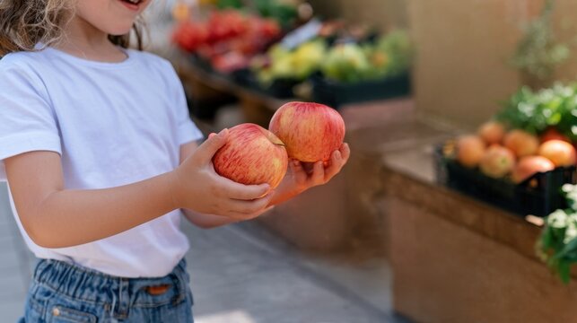 Girl holding two apples at produce stand, fresh fruit selection, healthy eating, grocery retail, nutrition and produce display